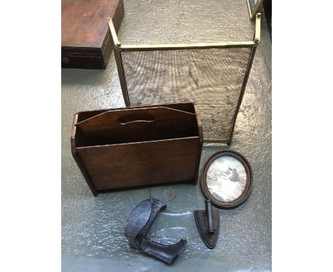 A brass fire surround, together with a Canterbury, shoe slob, iron, etc 
