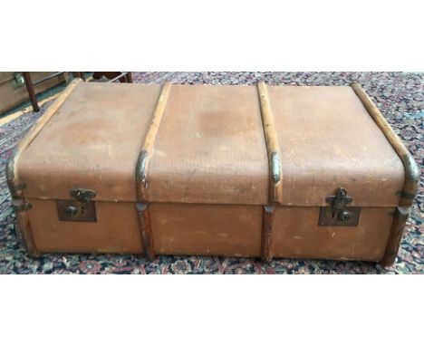 A vintage travel trunk with wood and metal bracing, 90cmW 
