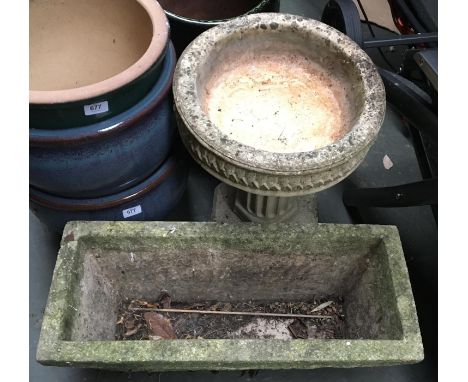 A composite stone bird bath, 38x49cmH; together with a composite stone trough/planter 