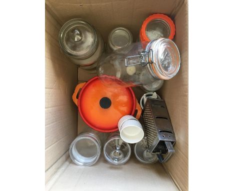 A mixed lot of kitchenalia to include glass Kilner jars and an orange enamel casserole; together with a quantity of linen 