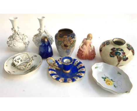 A small lot of mixed ceramics, to include some Royal Doulton, a small Meissen pin dish, a c.1835 ceramic candle holder, a pai