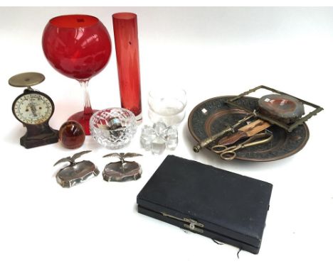 A mixed lot to include a red Murano glass bowl, red glass vase, various other glass items, a pair of plated pin dishes c.1920