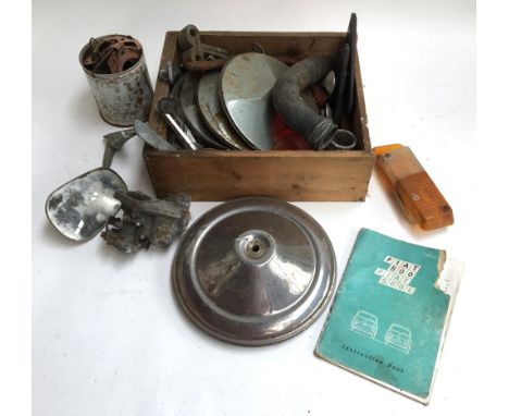 Automobile interest: mixed box of vintage Fiat 500 car parts including an instruction manual, hub caps, wing mirrors, indicat