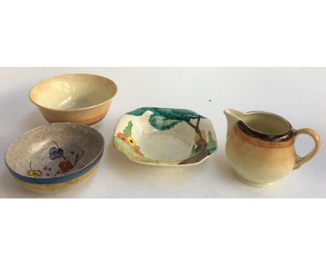 A Clarice Cliff Bizarre tree design small bowl, together with two other Clarice Cliff bowls (one af), and one Clarice Cliff j