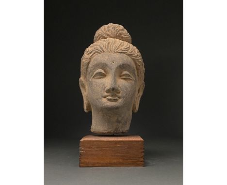 100-300 AD. Gandharan. Schist head of Buddha, with characteristic topknot (Ushnisha) and elongated, pendular ears. His forehe