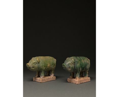 Ca. 1368-1644 AD. Chinese Ming Dynasty Pair of Ceramic Figure. A beautifully crafted pair of green glazed terracotta pigs. Th