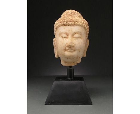 Ca. 1500-1644 AD. Late Ming Dynasty. Cream stone head of a female Guanyin with “snail-shell” hair curls, lightly closed eyes,