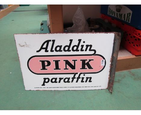 A double sided enamel sign with flange Aladdin Pink Paraffin, 21.5" x 14"  
