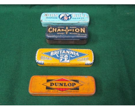 Three vintage bicycle repair tins and a Champion spark plug tin 