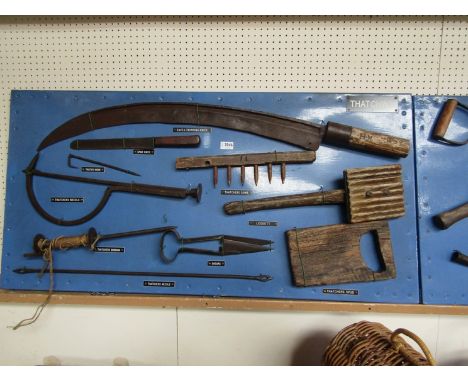 A bygone display board showing tools for thatching including eaves knife, thatchers needle etc 