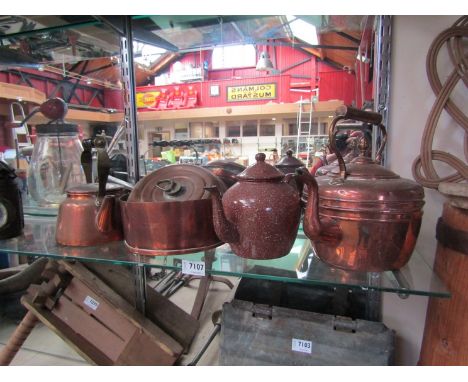 Two copper kettles, copper pan, enamel kettle etc 