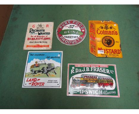 Four reproduction enamel signs; 'R.D. &amp; J.B. Fraser Ltd, Ipswich', 'Colmans Mustard', 'Heinz' and 'Land Rover' together w