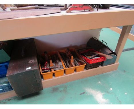 A metal tool box with tools, four trays of mixed tools and a wooden tool box