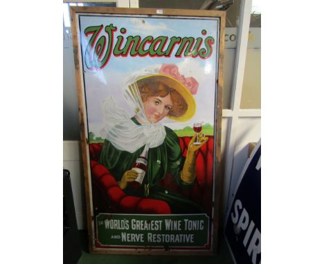 An enamel pictorial sign for Wincarnis "The World's Greatest Wine Tonic and Nerve Restorative" depicting period dressed lady 