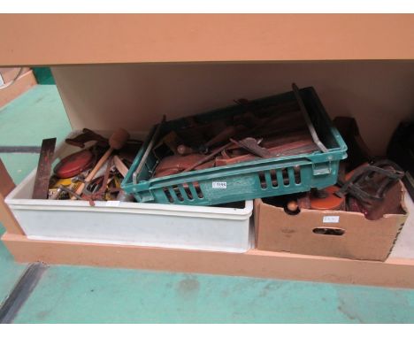 Three boxes of mixed tools, tack hanger etc 