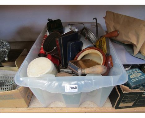 A box of mixed bygones including enamel milk can, tins, hot water bottle etc 