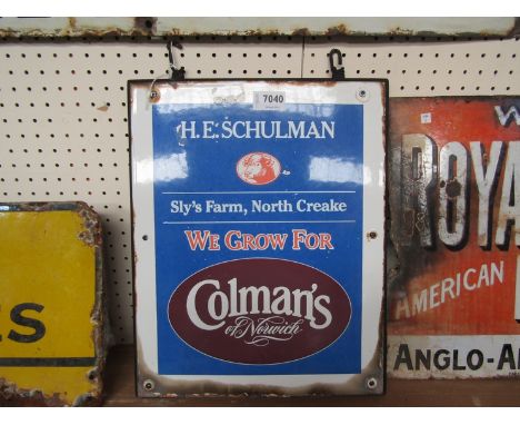 H.E.Schulman, Slys Farm, North Creake; We Grow For Colmans of Norwich, two matching enamel signs mounted on a hanger, 12" x 1
