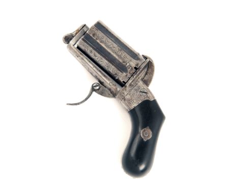 A CASED 7mm PINFIRE PEPPERBOX POCKET-REVOLVER, UNSIGNED, serial no. 16, Belgian circa 1855, with 1 7/8in. fluted six-shot scr