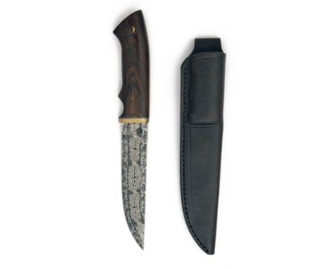 JAN-ERIC SODERHOLM, FINLAND A FINE SPORTING KNIFE WITH MOSAIC DAMASCUS BLADE,  recent, with 5 1/2in. clip-point blade compris