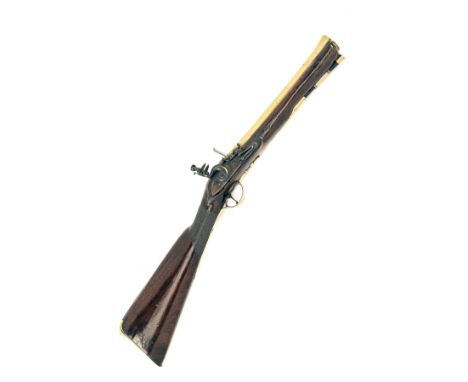 A 12-BORE FLINTLOCK BRASS-BARRELLED BLUNDERBUSS, UNSIGNED, no visible serial number, English circa 1790, with plain round 11 