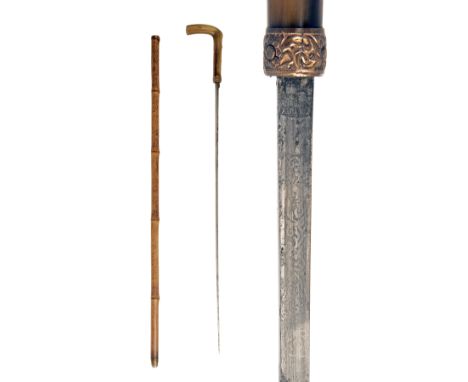 J. MORY ARMURIES, SPAIN A SWORDSTICK WITH ETCHED BLADE, circa 1900, the 26 1/2in. narrow blade with deep blind fullers to bot