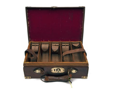 A BRASS-CORNERED OAK AND LEATHER CARTRIDGE MAGAZINE, for approx. 300 cartridges, the lid interior lined with red baize (moth 