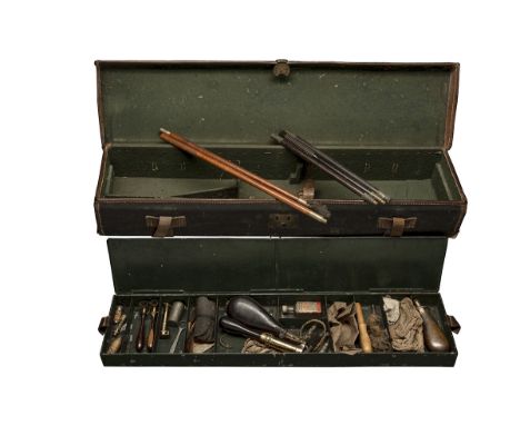 BUSSEY, LONDON A BITUMEN COATED CANVAS TWO-TIER GUNCASE FOR A PINFIRE SPORTING-GUN WITH TIN ACCESSORY TRAY, circa 1861, the o