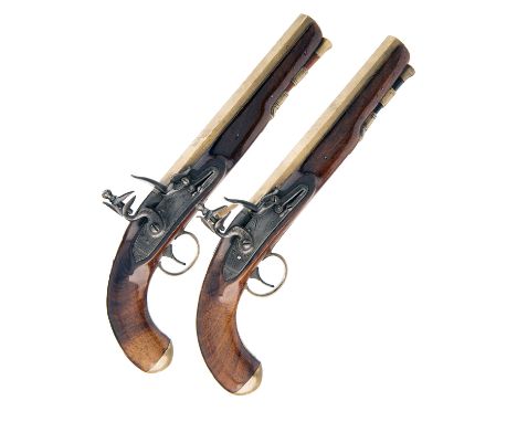 A PAIR OF .650 FLINTLOCK BRASS-BARRELLED OFFICER'S PISTOLS SIGNED 'A.W. SPIES, LONDON', no visible serial numbers, circa 1825