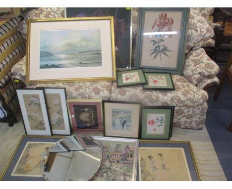 Mixed pictures to include a tapestry landscape print and others, together with a mirror 