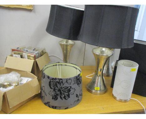 Four contemporary table lamps to include 3 silver coloured lamps with a crackle glaze effect together with a quantity of hard