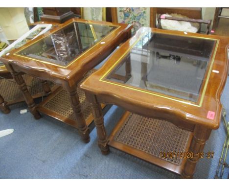 A pair of modern lamp tables with lower cane shelf having drop in glass topLocation: LAM 