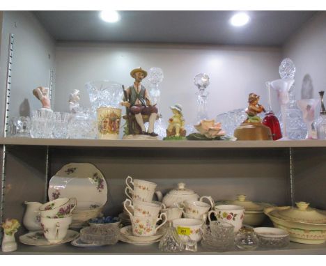 Part tea sets and mixed ceramics, a Hummel musical figure A/F, Nadal glass and cut glass items to include decanters, glass be