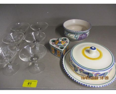 Two items of Poole pottery, a French Faience ink well and engraved drinking glasses 