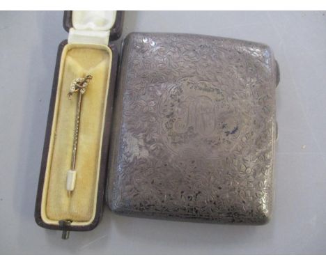 A 15ct gold stick pin, together with a late 19th/early 20th century silver cigarette box 