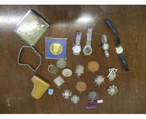 A collection of long service and sports medals, together with a military cap badge and Lord Nelson commemorative coin, togeth