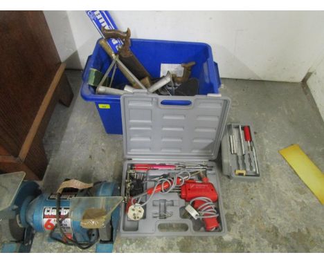 A quantity of vintage tools to include a boxed electric soldering gun, a Clarke metalworker bench grinder and others 