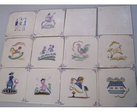 Twelve Poole pottery tiles, possibly Dora Batty, impressed marks to the reverse, Carter, England, two blanks 