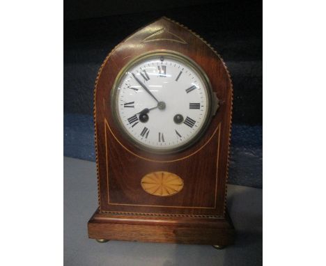 An Edwardian mahogany Sheraton revival 8 day mantle clock, fitted with a French movement, 10 3/4"h 