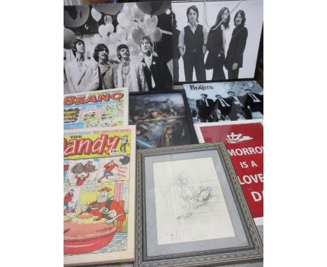 Beatles interest - A light up canvas and glass print of the four musicians, and other posters and prints to include The Hobbi