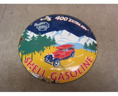 A reproduction circular convex Shell enamel sign "400 Extra Dry, Shell Gasoline", 29.5cm diameter