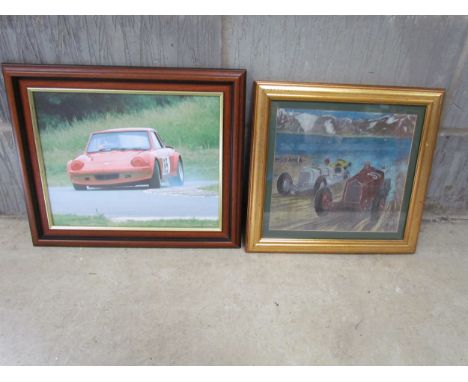 A framed photograph of a racing scene and a framed print of vintage racing cars, frame sizes 37.5cm x 35cm and 38.5cm x 44cm 