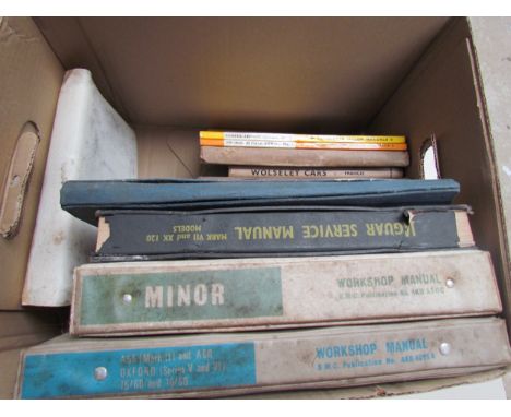 A box of mixed manuals etc including Jaguar service manual for MK2 and XK120, Austin and Ford 