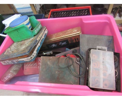 A box of mixed tools, fixings, springs, etc 
