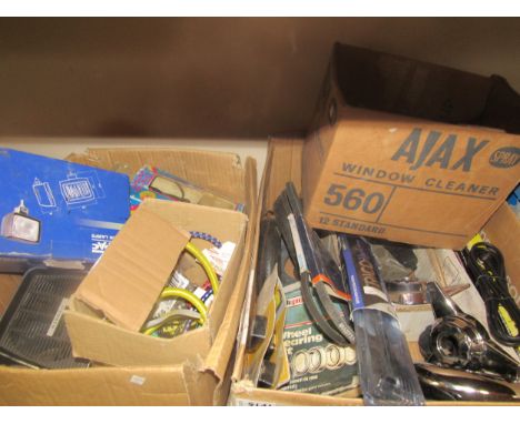 Three boxes of mixed including speakers, testers, belts, tools and chromed exhaust parts 