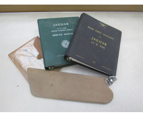 Jaguar service manual for 3.8 E-Type, spare parts catalogue for Jaguar 4.2 E-Type, An E-Type visor and a 1971 Jaguar sales an