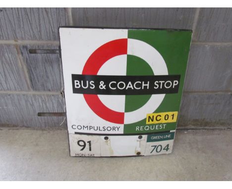 A 1950's 'Bus &amp; Coach Stop' flag sign, double-sided, enamel in green, white and red 