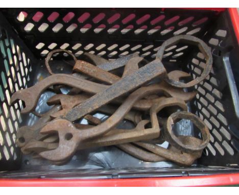 A box of vintage tractor spanners 