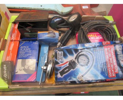 A tray of mixed including tyre inflators, Duritc electrical components, tools and a chromed mirror, etc 