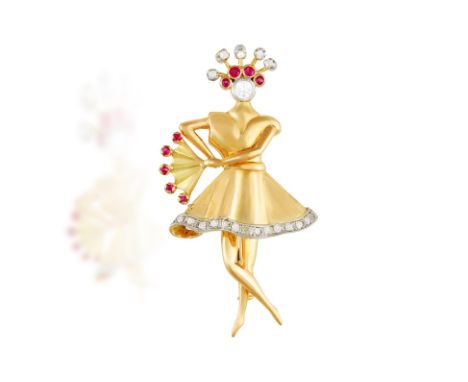 A RUBY AND DIAMOND BROOCH, CIRCA 1950Modelled as a stylised ballerina, with a European-cut diamond face, her headpiece set wi