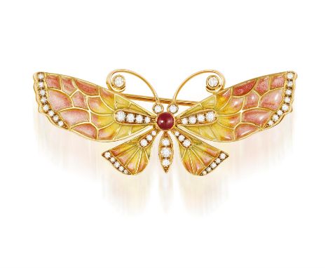 A RUBY, DIAMOND AND ENAMEL BUTTERFLY BROOCHThe wings of plique-à-jour pink and yellowish-green enamel stripes with single-cut
